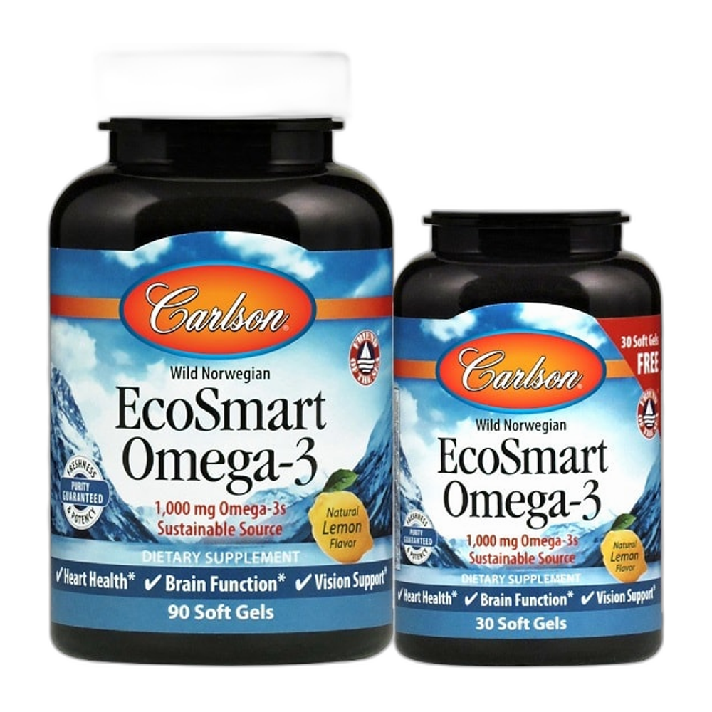 Carlson Labs Smart Omega-3, 1000mg Natural Lemon - 90 + 30 softgels
